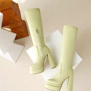 Women's Platform Knee High Boots Square Toe Chunky Heel Long Stretch Gogo Boots